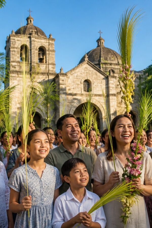 Pessoas reunidas ao ar livre segurando ramos de palmeira em frente a uma igreja durante a celebração do Domingo de Ramos.
