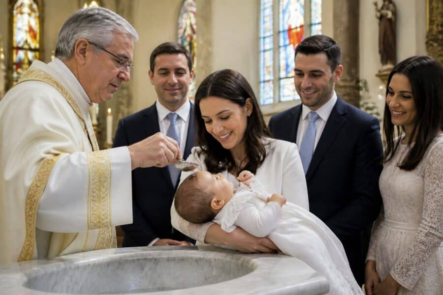 Cerimônia de batismo na igreja católica com padre, bebê vestido de branco e família reunida.