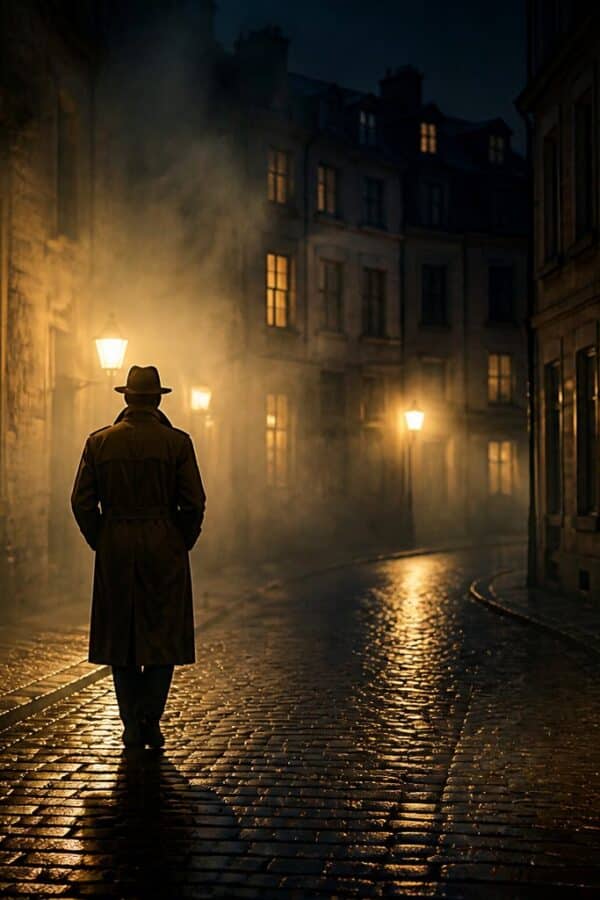 Rua estreita e enevoada à noite com um personagem solitário caminhando sob lâmpadas de poste, transmitindo um clima misterioso.