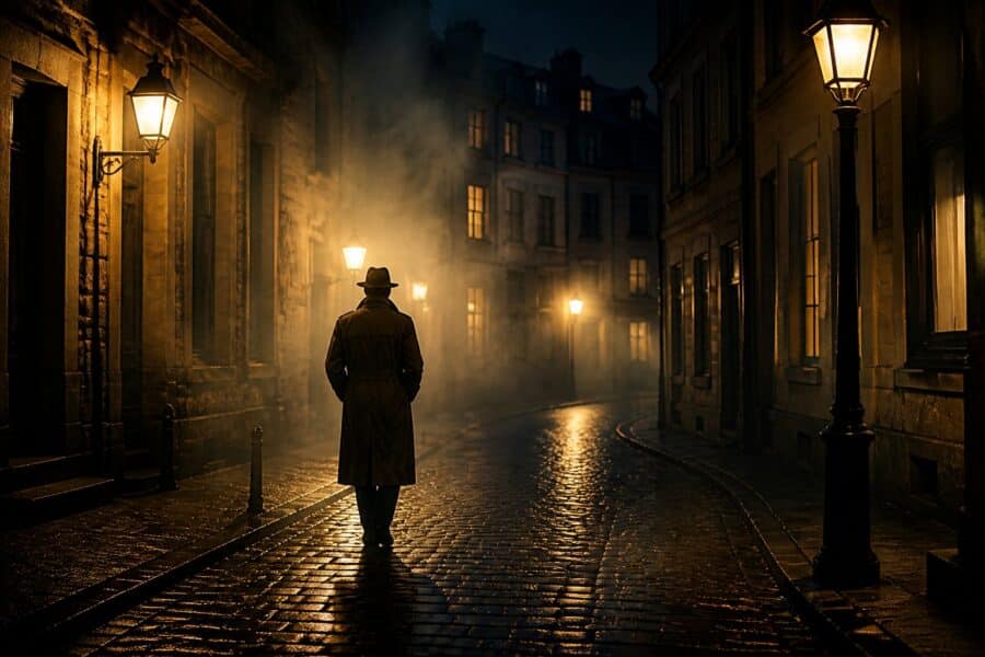 Rua estreita e enevoada à noite com um personagem solitário caminhando sob lâmpadas de poste, transmitindo um clima misterioso.