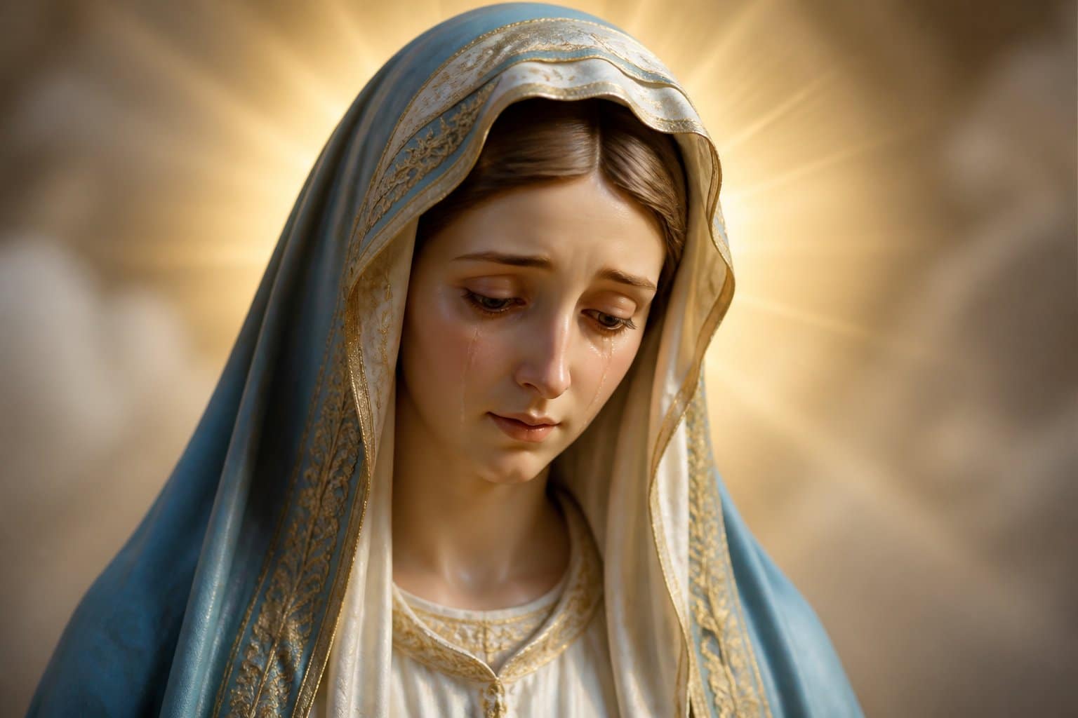 Imagem de Nossa Senhora das Lágrimas com expressão serena e lágrimas no rosto, vestindo manto branco e azul, com luz suave ao fundo.