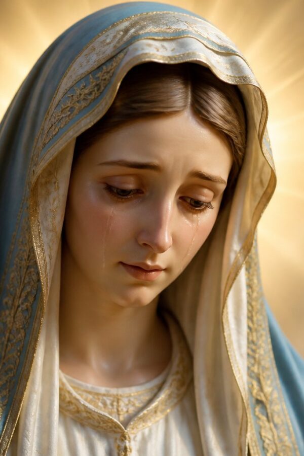 Imagem de Nossa Senhora das Lágrimas com expressão serena e lágrimas no rosto, vestindo manto branco e azul, com luz suave ao fundo.