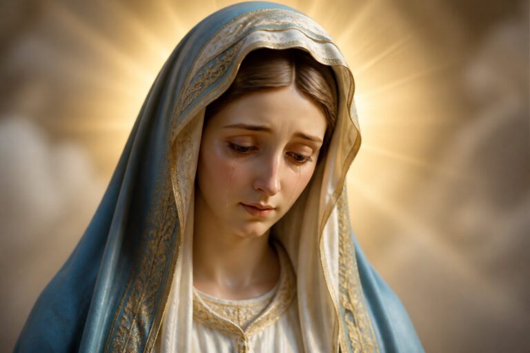 Imagem de Nossa Senhora das Lágrimas com expressão serena e lágrimas no rosto, vestindo manto branco e azul, com luz suave ao fundo.