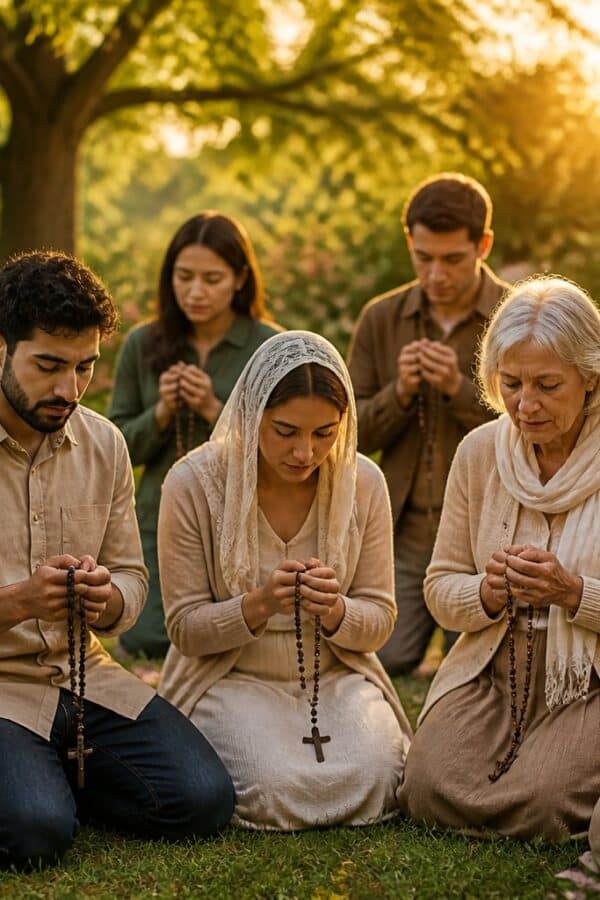 Grupo de pessoas orando ao ar livre segurando terços, em um jardim tranquilo com luz suave do sol.