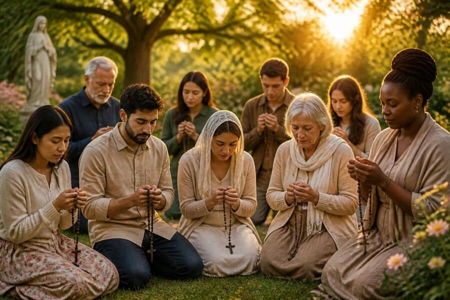 Grupo de pessoas orando ao ar livre segurando terços, em um jardim tranquilo com luz suave do sol.