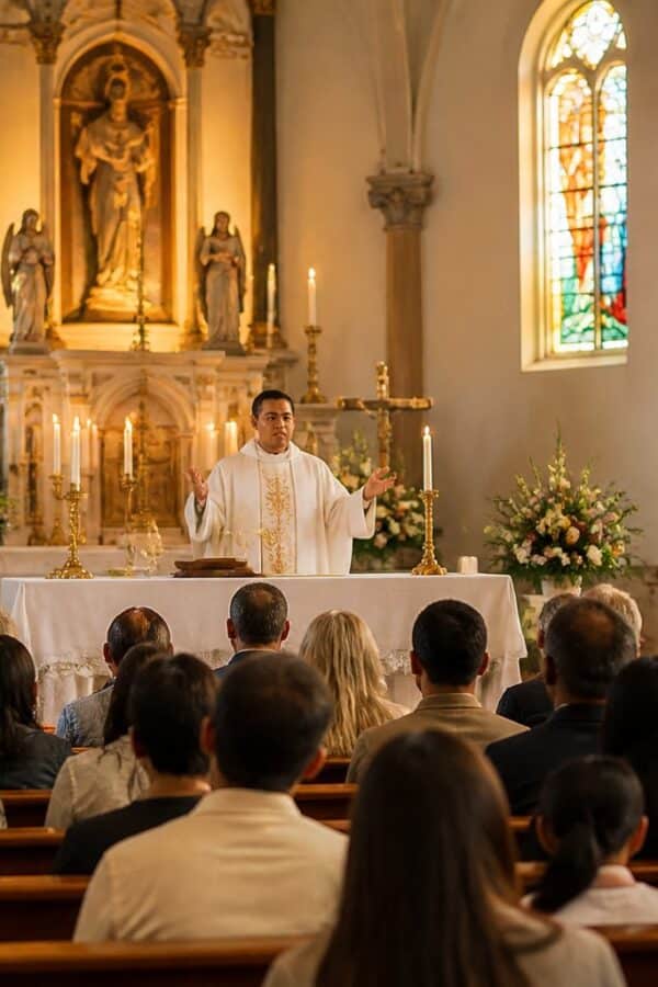 Interior de uma igreja durante a missa com um padre celebrando e fiéis sentados nos bancos.