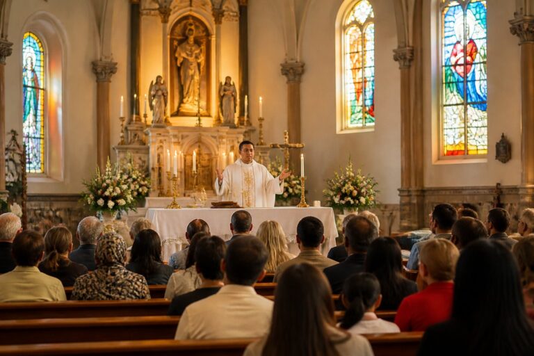 Interior de uma igreja durante a missa com um padre celebrando e fiéis sentados nos bancos.