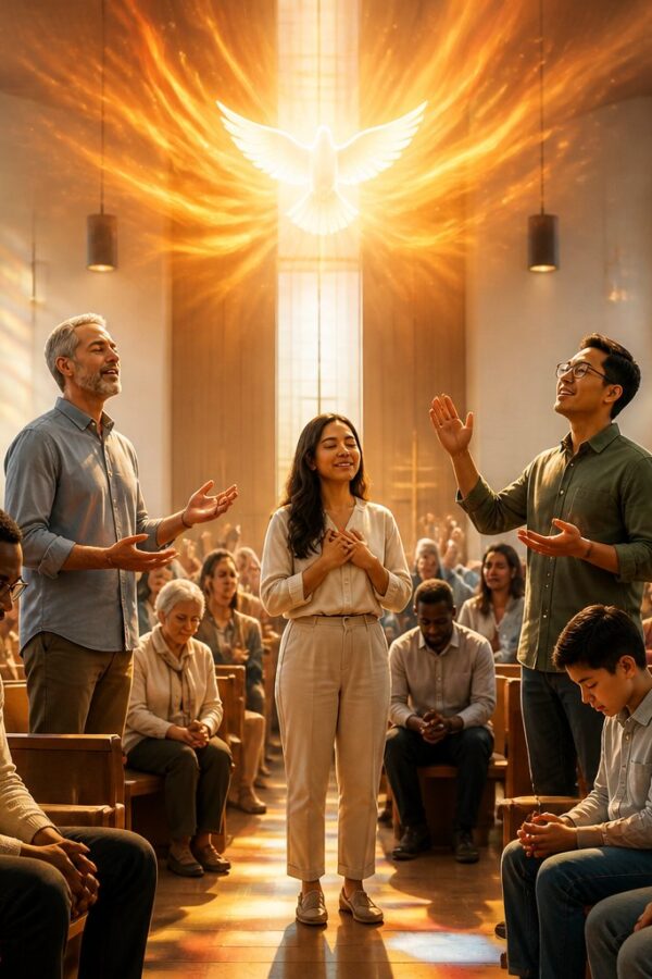Grupo diverso de pessoas em oração dentro de uma igreja iluminada, com luz natural entrando pelas janelas coloridas.