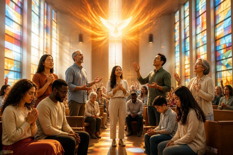 Grupo diverso de pessoas em oração dentro de uma igreja iluminada, com luz natural entrando pelas janelas coloridas.