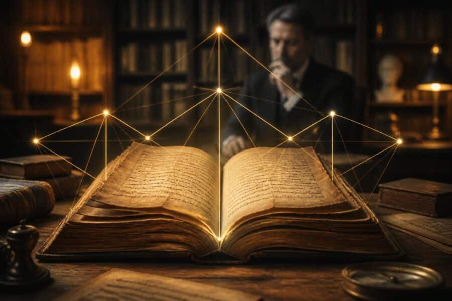 Livro antigo aberto sobre uma mesa de madeira, com luz suave destacando suas páginas, e uma pessoa pensativa ao fundo em uma sala de estudo.