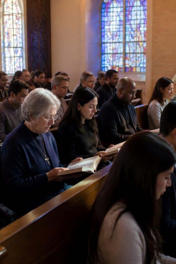 Grupo de pessoas rezando em uma igreja com livros de oração nas mãos, luz suave entrando pelas janelas coloridas, ambiente calmo e reverente.