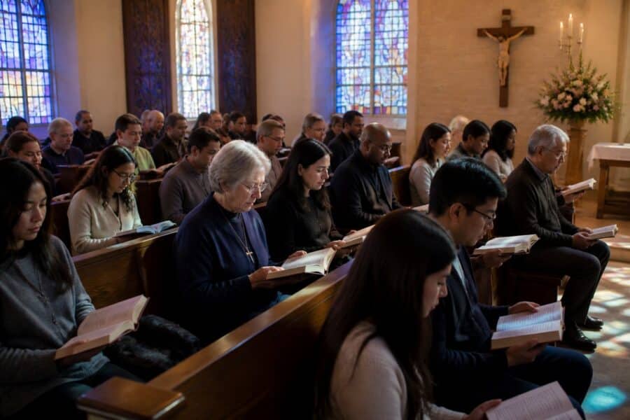Grupo de pessoas rezando em uma igreja com livros de oração nas mãos, luz suave entrando pelas janelas coloridas, ambiente calmo e reverente.