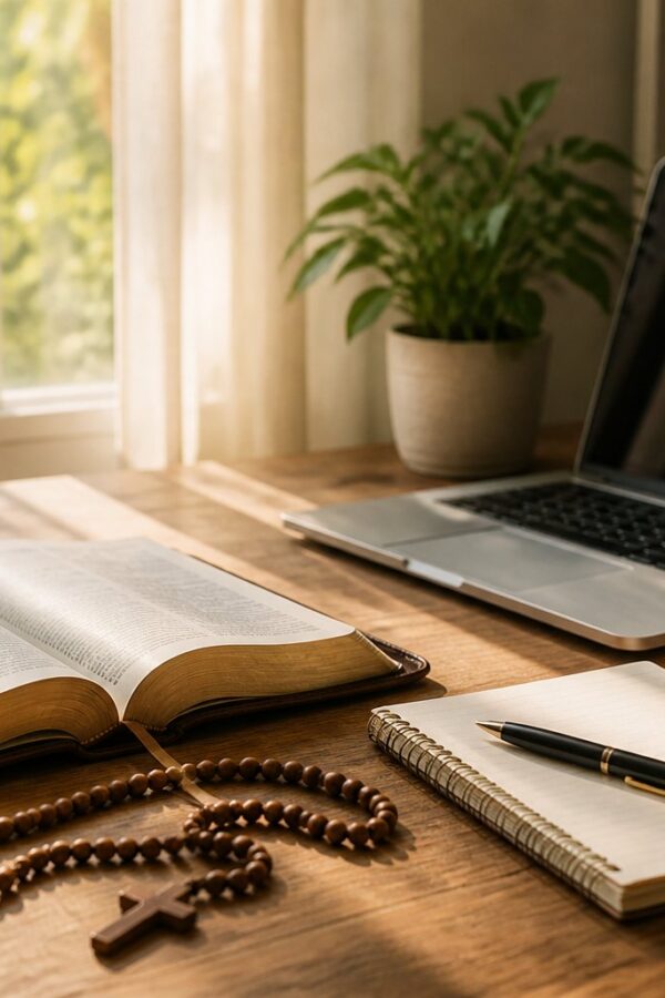 Uma mesa de madeira com um livro de orações aberto, um terço, um laptop aberto, um caderno, uma caneta, uma xícara de café e uma planta em um ambiente iluminado pela luz natural.