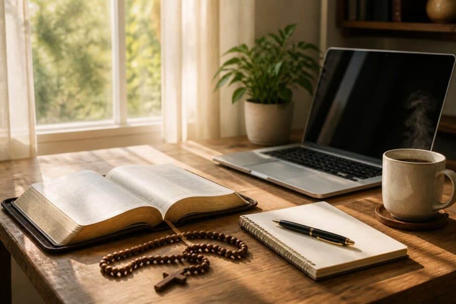 Uma mesa de madeira com um livro de orações aberto, um terço, um laptop aberto, um caderno, uma caneta, uma xícara de café e uma planta em um ambiente iluminado pela luz natural.