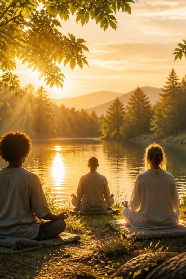 Pessoas meditanto em um ambiente natural tranquilo perto de um lago com árvores ao redor e luz suave do sol.