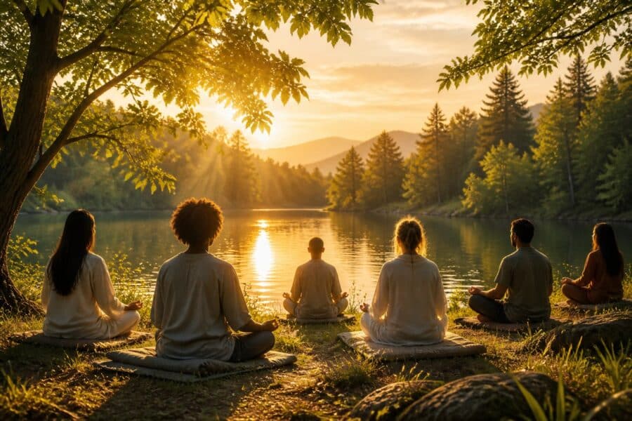 Pessoas meditanto em um ambiente natural tranquilo perto de um lago com árvores ao redor e luz suave do sol.