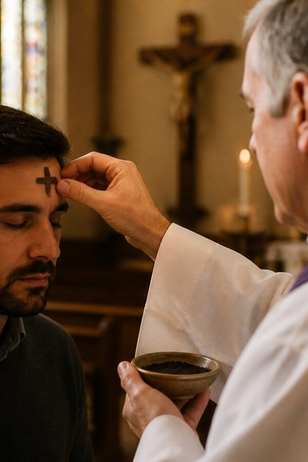 Um sacerdote aplicando cinzas na testa de um fiel dentro de uma igreja durante a Quarta-feira de Cinzas.