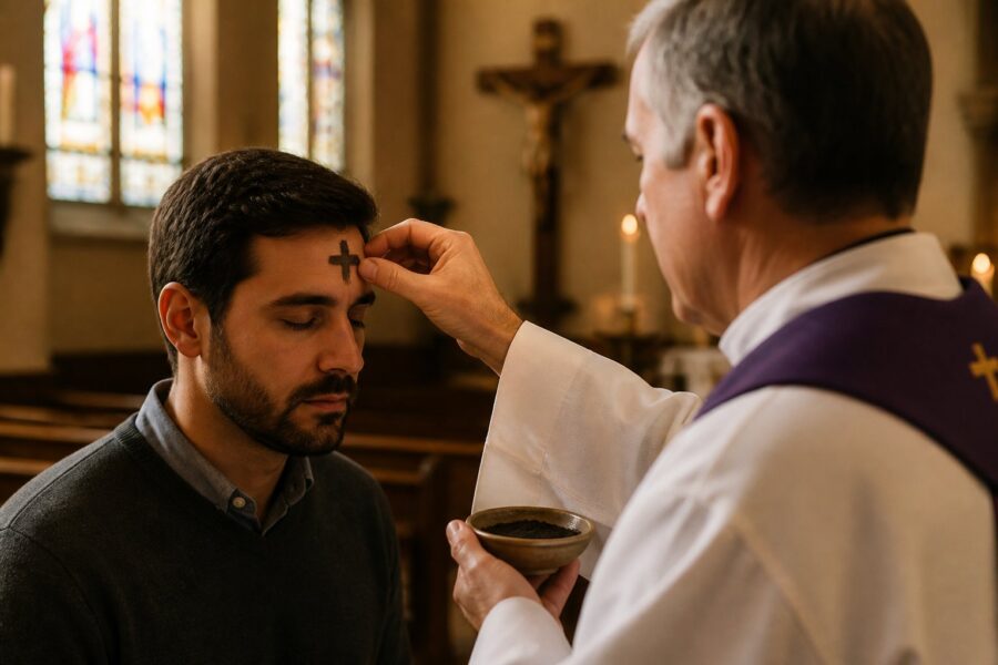 Um sacerdote aplicando cinzas na testa de um fiel dentro de uma igreja durante a Quarta-feira de Cinzas.