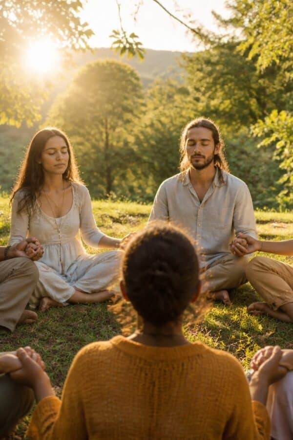 Grupo de pessoas sentadas em círculo ao ar livre, de mãos dadas, em um momento de comunhão espiritual, rodeadas por árvores e luz natural suave.