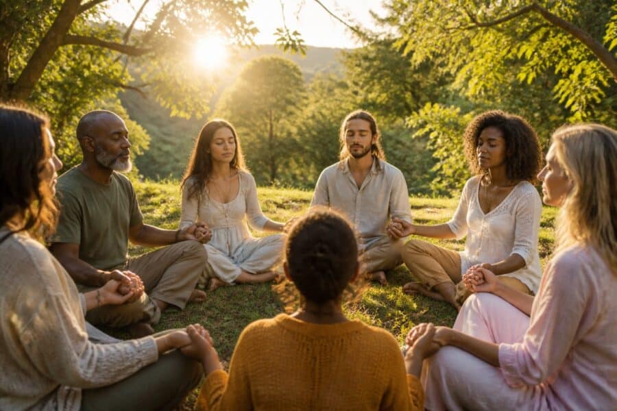Grupo de pessoas sentadas em círculo ao ar livre, de mãos dadas, em um momento de comunhão espiritual, rodeadas por árvores e luz natural suave.