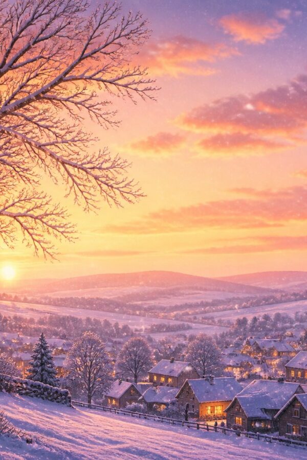 Uma paisagem tranquila de inverno ao amanhecer, com uma árvore grande sem folhas e casas iluminadas em uma vila coberta de neve.