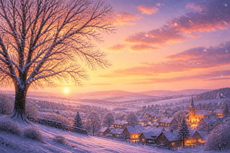 Uma paisagem tranquila de inverno ao amanhecer, com uma árvore grande sem folhas e casas iluminadas em uma vila coberta de neve.