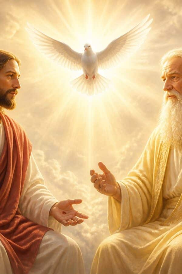 Três figuras representando a Santíssima Trindade: Deus Pai, Jesus Cristo e o Espírito Santo como uma pomba, em um céu sereno com luz radiante.