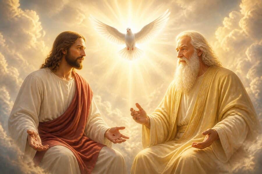 Três figuras representando a Santíssima Trindade: Deus Pai, Jesus Cristo e o Espírito Santo como uma pomba, em um céu sereno com luz radiante.