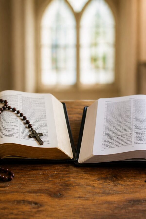 Duas Bíblias abertas lado a lado sobre uma mesa de madeira, uma com elementos católicos e outra com design evangélico, com objetos religiosos ao redor.