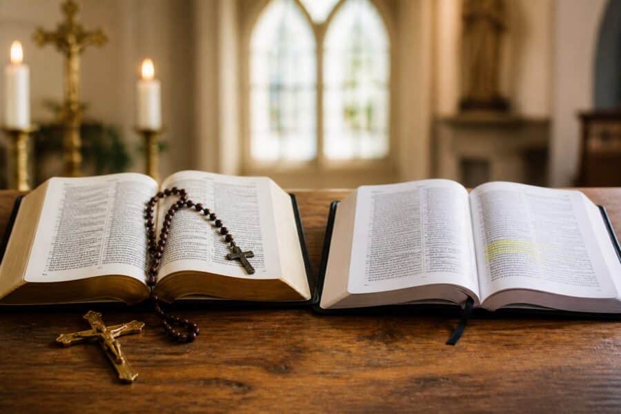 Duas Bíblias abertas lado a lado sobre uma mesa de madeira, uma com elementos católicos e outra com design evangélico, com objetos religiosos ao redor.