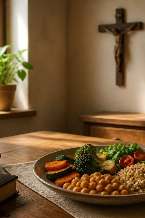 Mesa de jantar com prato vegetariano, vela acesa, Bíblia fechada e crucifixo na parede ao fundo.