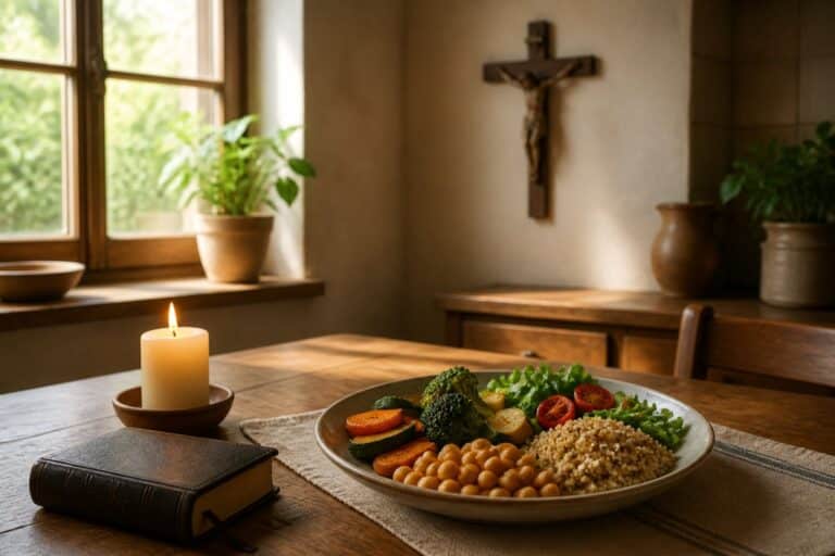 Mesa de jantar com prato vegetariano, vela acesa, Bíblia fechada e crucifixo na parede ao fundo.