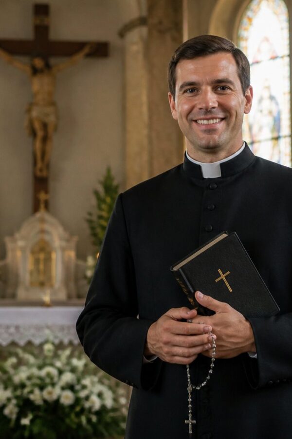 Padre sorrindo dentro de uma igreja decorada, com luz suave entrando pelas janelas de vitral e símbolos religiosos ao fundo.