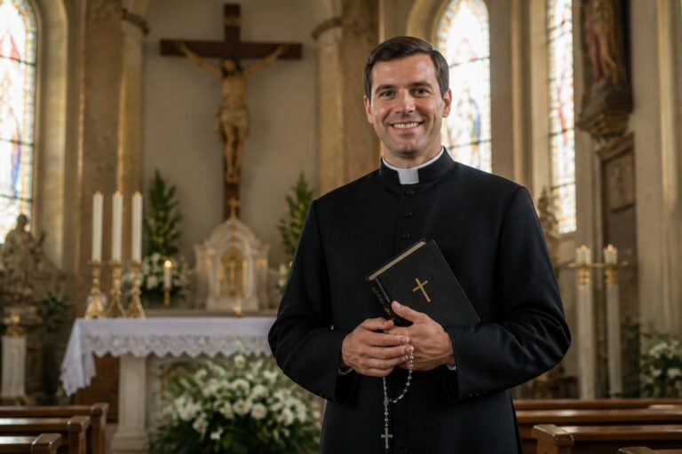 Padre sorrindo dentro de uma igreja decorada, com luz suave entrando pelas janelas de vitral e símbolos religiosos ao fundo.