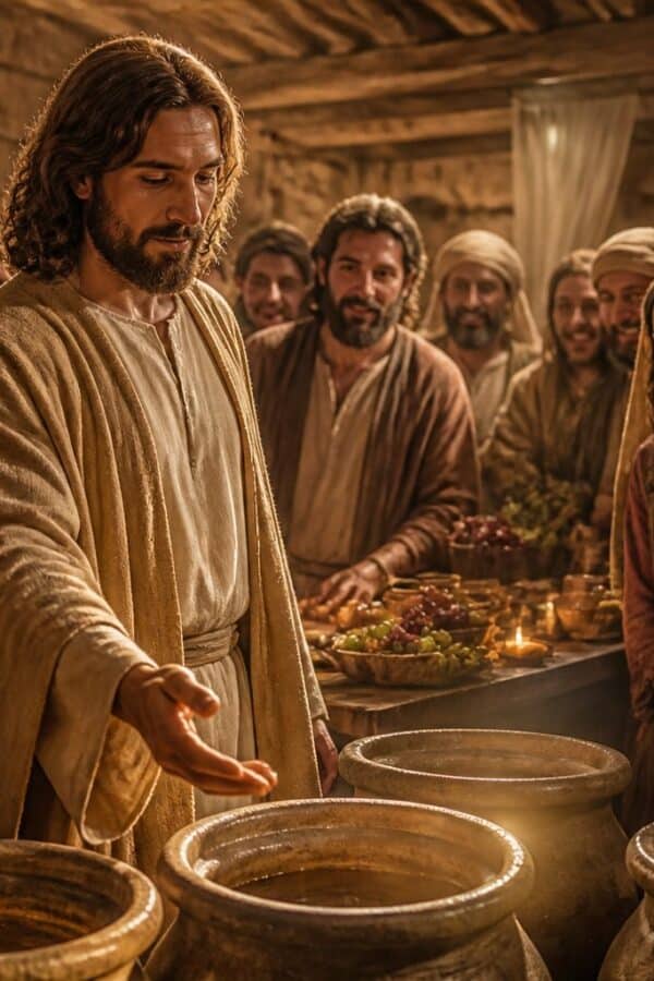 Cena do primeiro milagre de Jesus transformando água em vinho durante uma festa de casamento, com pessoas felizes ao redor e Jesus próximo a grandes jarros de pedra.