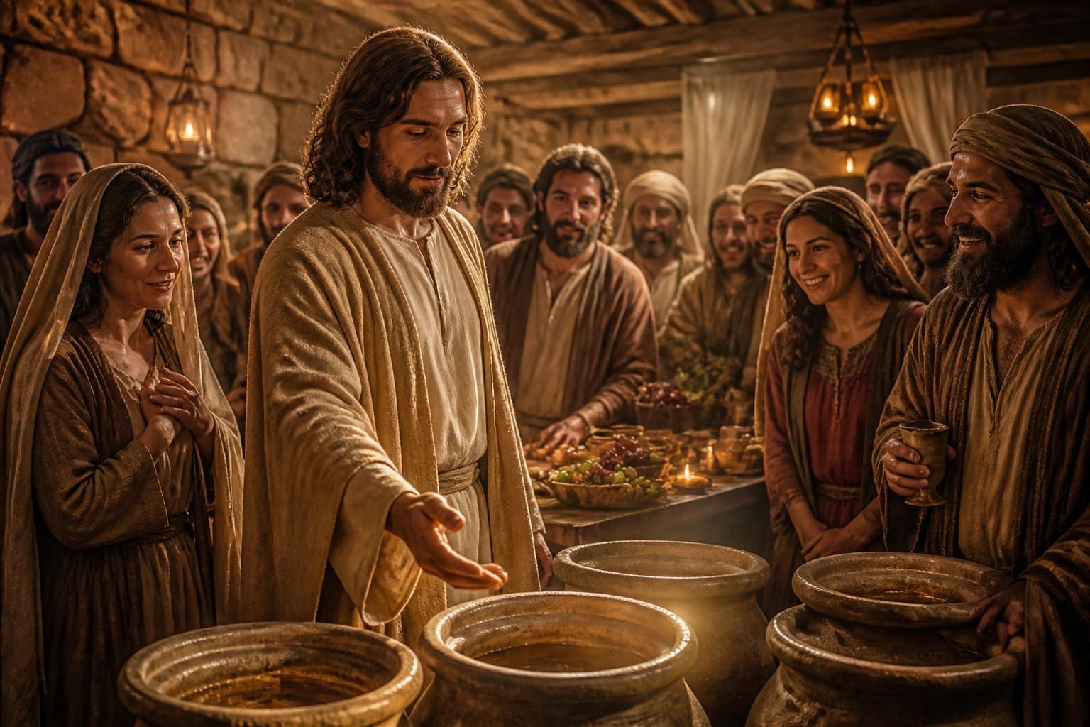 Cena do primeiro milagre de Jesus transformando água em vinho durante uma festa de casamento, com pessoas felizes ao redor e Jesus próximo a grandes jarros de pedra.